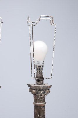 Lot 57 - A SET OF FOUR LATE 20TH CENTURY ENGLISH SILVER CORINTHIAN COLUMN TABLE LAMPS