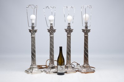 Lot 57 - A SET OF FOUR LATE 20TH CENTURY ENGLISH SILVER CORINTHIAN COLUMN TABLE LAMPS