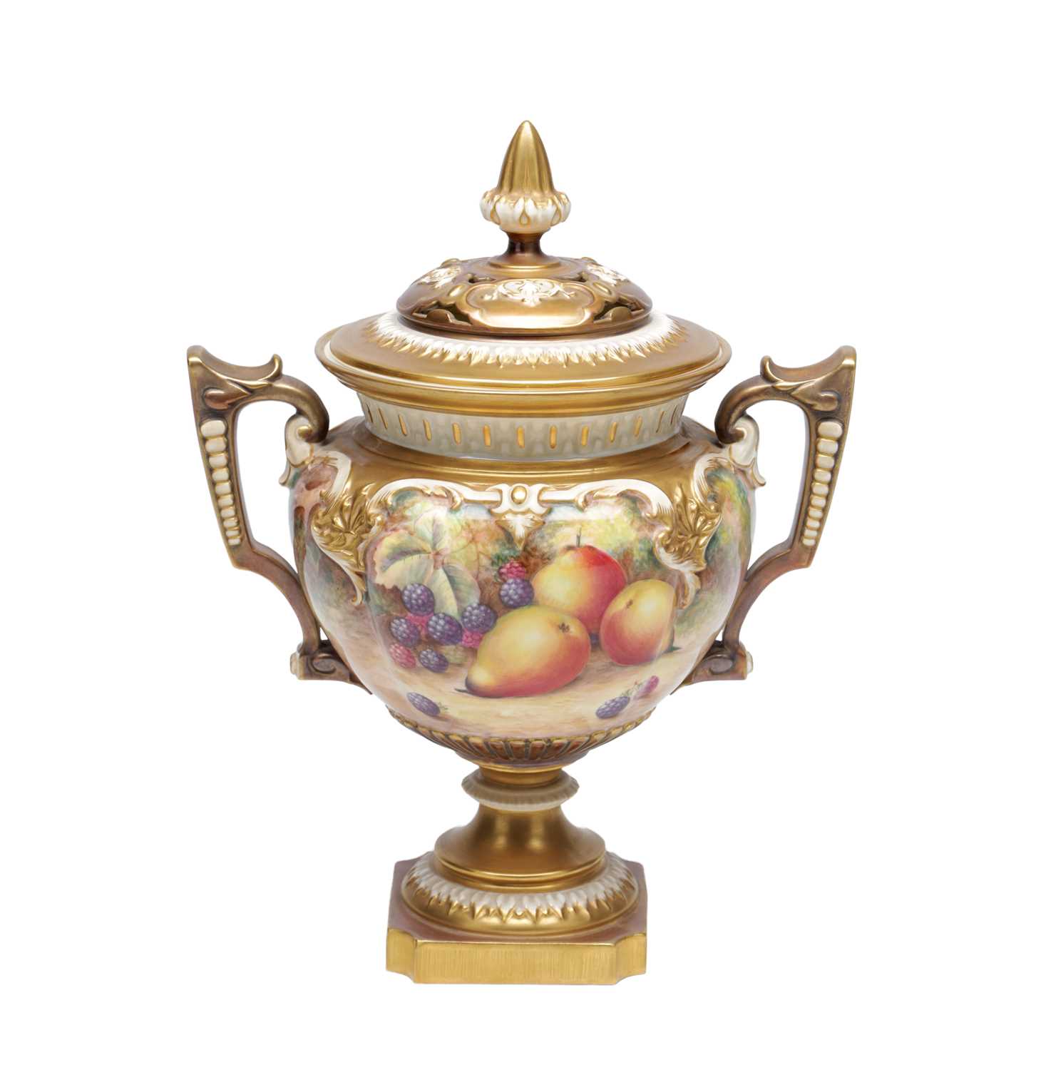 Lot 622 - H AYRTON A ROYAL WORCESTER PORCELAIN FRUIT PAINTED TWO HANDLED PEDESTAL VASE AND COVER