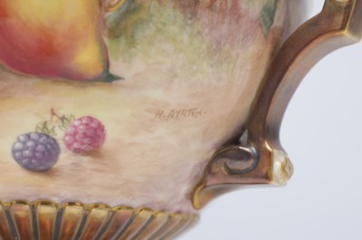 Lot 622 - H AYRTON A ROYAL WORCESTER PORCELAIN FRUIT PAINTED TWO HANDLED PEDESTAL VASE AND COVER