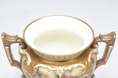 Lot 622 - H AYRTON A ROYAL WORCESTER PORCELAIN FRUIT PAINTED TWO HANDLED PEDESTAL VASE AND COVER