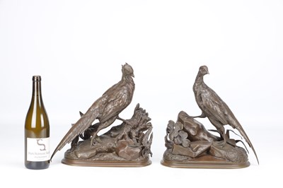 Lot 1113 - JULES MOIGNIEZ A PAIR OF FRENCH PATINATED BRONZE PHEASANTS