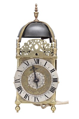 Lot 1226 - THOMAS KNIFTON, LONDON. A MID 17TH CENTURY BRASS LANTERN CLOCK WITH ALARM DIAL