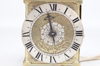 Lot 1226 - THOMAS KNIFTON, LONDON. A MID 17TH CENTURY BRASS LANTERN CLOCK WITH ALARM DIAL
