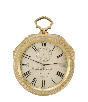 Lot 1186 - BRIGHT, FLAVILE & CO., CALCUTTA A 19TH CENTURY THOMAS COLE STYLE GILT ENGRAVED WATCH-FORM WALL CLOCK