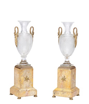 Lot 990 - A PAIR OF FRENCH EMPIRE CUT GLASS AND SIENNA MARBLE TABLE LAMPS