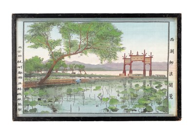 Lot 762 - A 19TH/20TH CENTURY CHINESE WOVEN SILK PICTURE OF WEST LAKE HANGZHOU