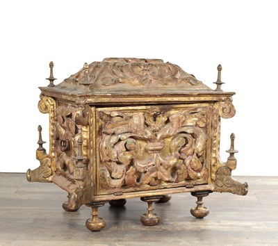 Lot 1528 - AN ITALIAN PARCEL GILT AND POLYCHROME CARVED WOOD CASSONE DOWRY CHEST