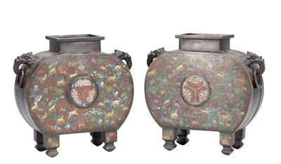 Lot 822 - A PAIR OF 19TH CENTURY CHINESE CLOISONNE ENAMEL BRONZE VASES