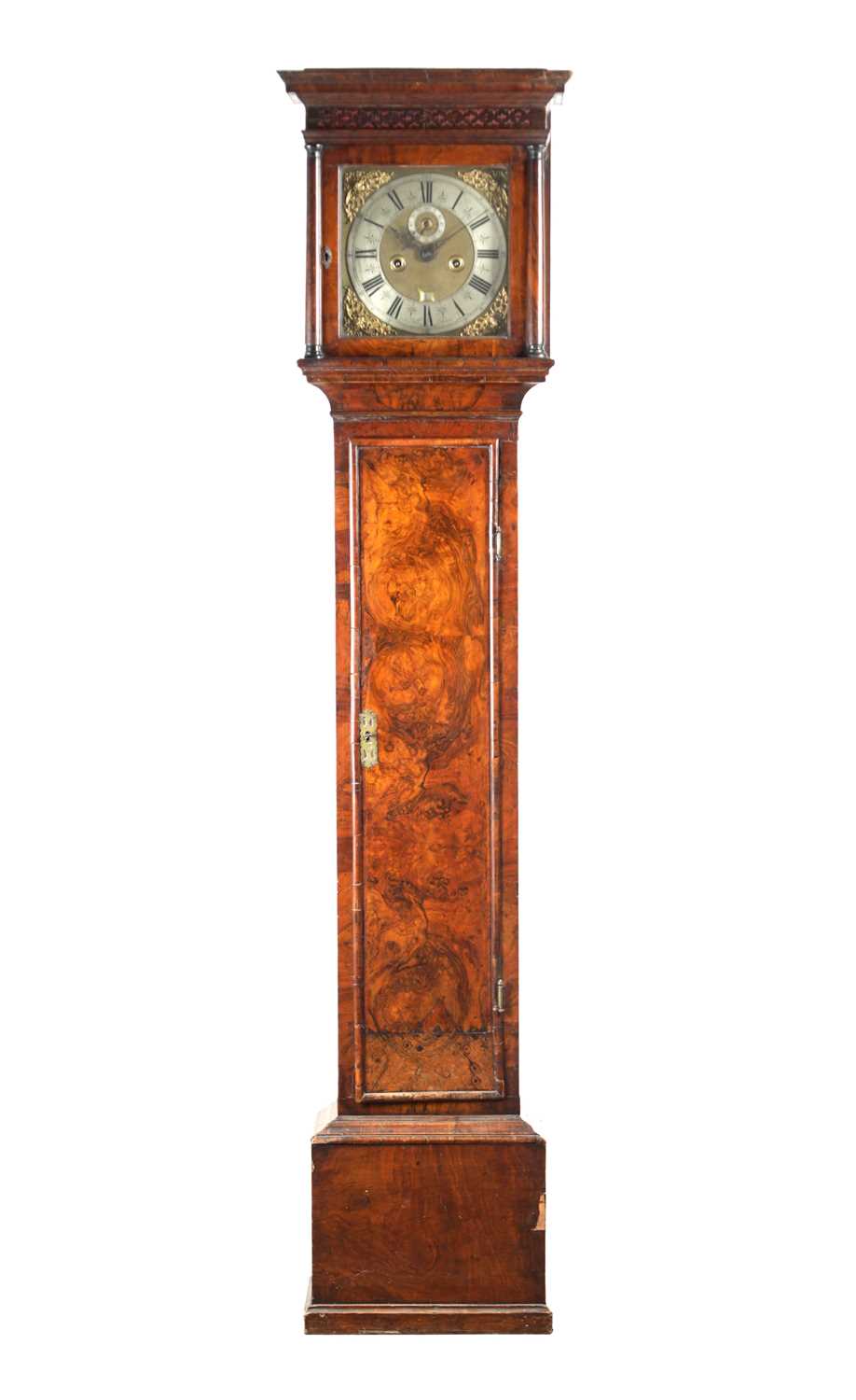 Lot 1236 - JOSHUA WILLSON, LONDON. A LATE 17TH CENTURY BURR WALNUT LONGCASE CLOCK WITH 11 INCH BRASS DIAL
