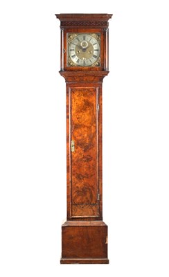 Lot 1236 - JOSHUA WILLSON, LONDON. A LATE 17TH CENTURY BURR WALNUT LONGCASE CLOCK WITH 11 INCH BRASS DIAL