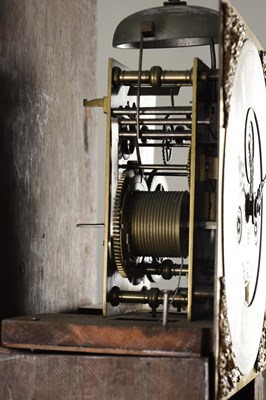 Lot 1236 - JOSHUA WILLSON, LONDON. A LATE 17TH CENTURY BURR WALNUT LONGCASE CLOCK WITH 11 INCH BRASS DIAL