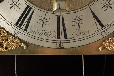 Lot 1236 - JOSHUA WILLSON, LONDON. A LATE 17TH CENTURY BURR WALNUT LONGCASE CLOCK WITH 11 INCH BRASS DIAL