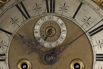 Lot 1236 - JOSHUA WILLSON, LONDON. A LATE 17TH CENTURY BURR WALNUT LONGCASE CLOCK WITH 11 INCH BRASS DIAL