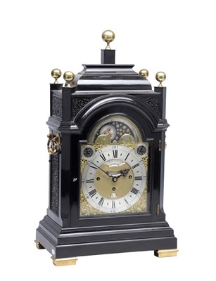 Lot 1299 - JOHN BERRY, LONDON. A GEORGE I EBONISED DUTCH-STRIKING AND QUARTER-CHIMING EIGHT DAY TABLE CLOCK WITH MOONPHASE