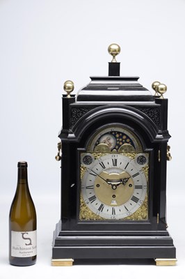 Lot 1299 - JOHN BERRY, LONDON. A GEORGE I EBONISED DUTCH-STRIKING AND QUARTER-CHIMING EIGHT DAY TABLE CLOCK WITH MOONPHASE