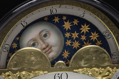 Lot 1299 - JOHN BERRY, LONDON. A GEORGE I EBONISED DUTCH-STRIKING AND QUARTER-CHIMING EIGHT DAY TABLE CLOCK WITH MOONPHASE
