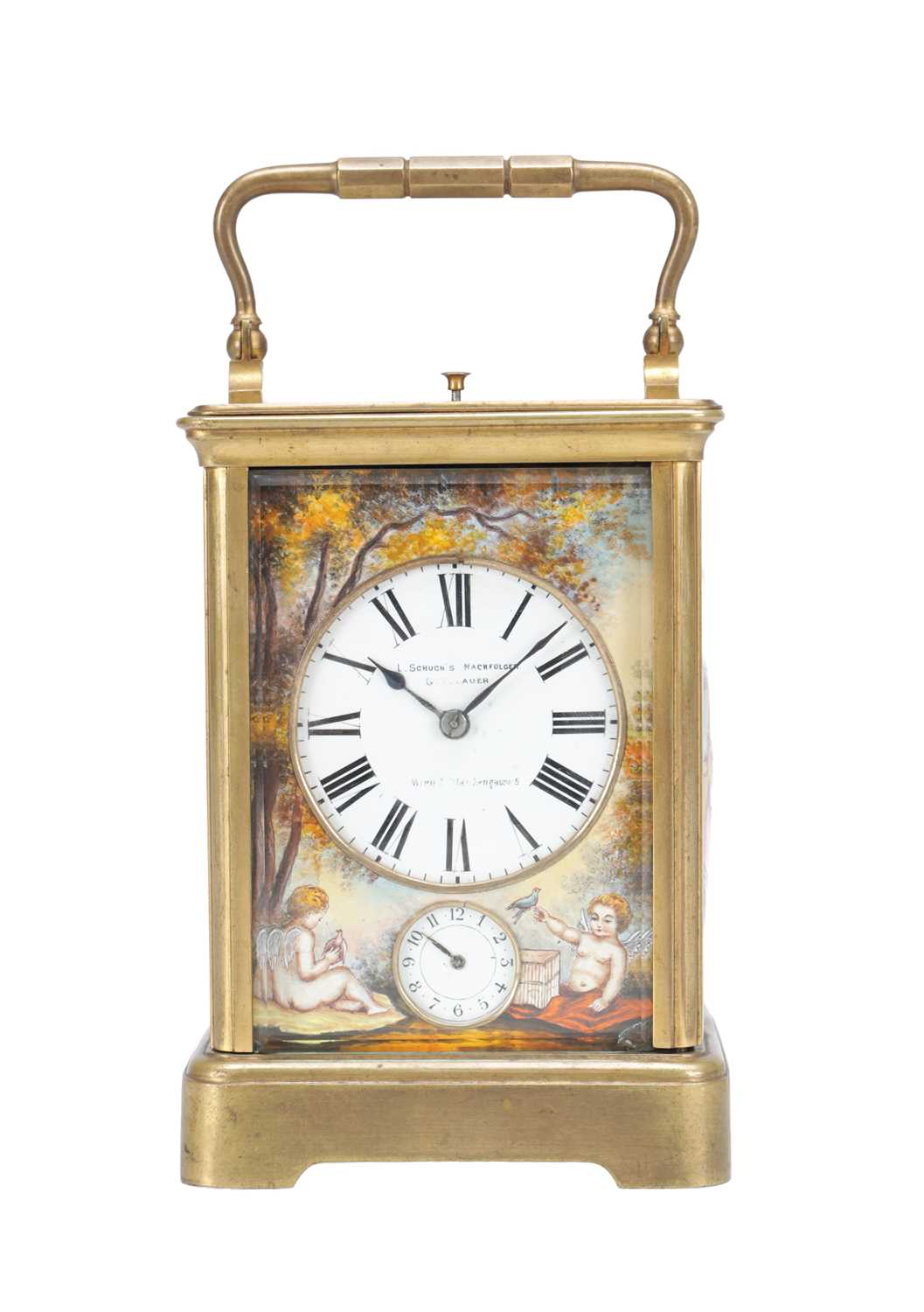 Lot 1195 - A LATE 19TH CENTURY FRENCH GILT BRASS AND PORCELAIN PANEL PETITE SONNERIE REPEATING CARRIAGE CLOCK