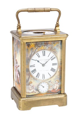 Lot 1195 - A LATE 19TH CENTURY FRENCH GILT BRASS AND PORCELAIN PANEL PETITE SONNERIE REPEATING CARRIAGE CLOCK