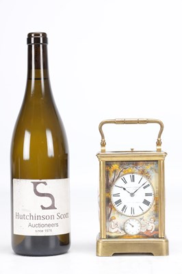 Lot 1195 - A LATE 19TH CENTURY FRENCH GILT BRASS AND PORCELAIN PANEL PETITE SONNERIE REPEATING CARRIAGE CLOCK
