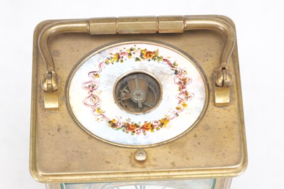 Lot 1195 - A LATE 19TH CENTURY FRENCH GILT BRASS AND PORCELAIN PANEL PETITE SONNERIE REPEATING CARRIAGE CLOCK