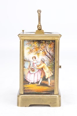 Lot 1195 - A LATE 19TH CENTURY FRENCH GILT BRASS AND PORCELAIN PANEL PETITE SONNERIE REPEATING CARRIAGE CLOCK