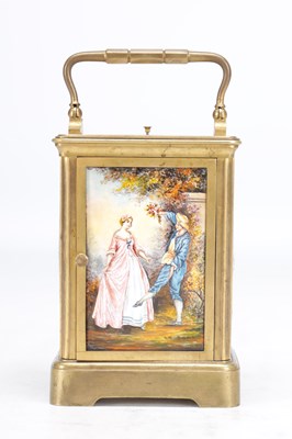 Lot 1195 - A LATE 19TH CENTURY FRENCH GILT BRASS AND PORCELAIN PANEL PETITE SONNERIE REPEATING CARRIAGE CLOCK