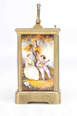 Lot 1195 - A LATE 19TH CENTURY FRENCH GILT BRASS AND PORCELAIN PANEL PETITE SONNERIE REPEATING CARRIAGE CLOCK