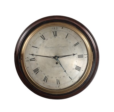 Lot 1176 - WASBROUGH & DUGGAN, BRISTOL. A GEORGE III MAHOGANY SILVERED DIAL FUSEE WALL CLOCK