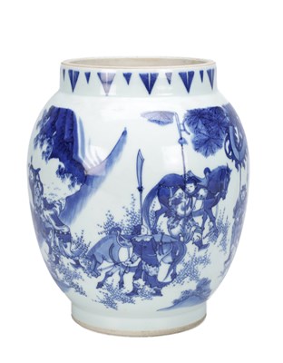 Lot 708 - A CHINESE BLUE AND WHITE PORCELAIN FIGURAL JAR