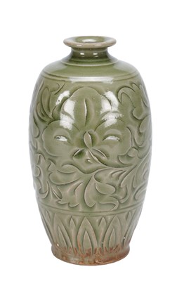 Lot 832 - A NORTHERN SONG CHINESE YAOZHOU CELADON-GLAZED CARVED MEIPING VASE