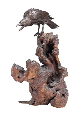 Lot 729 - A MEIJI PERIOD JAPANESE BRONZE CROW ON ROOTWOOD BASE