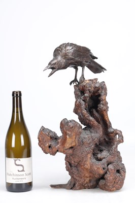 Lot 729 - A MEIJI PERIOD JAPANESE BRONZE CROW ON ROOTWOOD BASE
