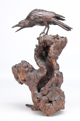 Lot 729 - A MEIJI PERIOD JAPANESE BRONZE CROW ON ROOTWOOD BASE