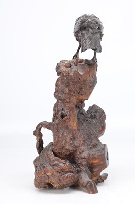 Lot 729 - A MEIJI PERIOD JAPANESE BRONZE CROW ON ROOTWOOD BASE