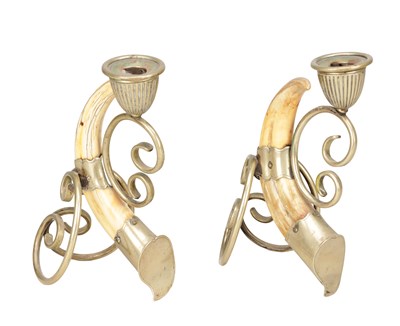 Lot 1147 - A PAIR OF 19TH CENTURY SILVER PLATE MOUNTED BOAR'S TUSK CANDLESTICKS