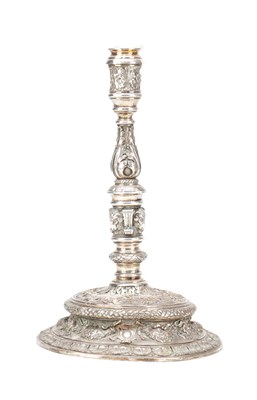 Lot 1085 - A LARGE 18TH CENTURY SILVER PLATED REPOUSSE CANDLESTICK