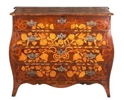 Lot 1603 - AN 18TH CENTURY DUTCH MARQUETRY BOMBE CHEST OF DRAWERS