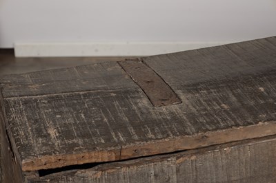 Lot 1702 - A 15TH CENTURY ENGLISH BOARDED OAK CHEST WITH IRON STRAP HINGES