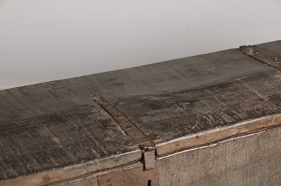 Lot 1702 - A 15TH CENTURY ENGLISH BOARDED OAK CHEST WITH IRON STRAP HINGES