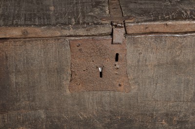 Lot 1702 - A 15TH CENTURY ENGLISH BOARDED OAK CHEST WITH IRON STRAP HINGES