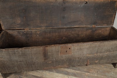 Lot 1702 - A 15TH CENTURY ENGLISH BOARDED OAK CHEST WITH IRON STRAP HINGES