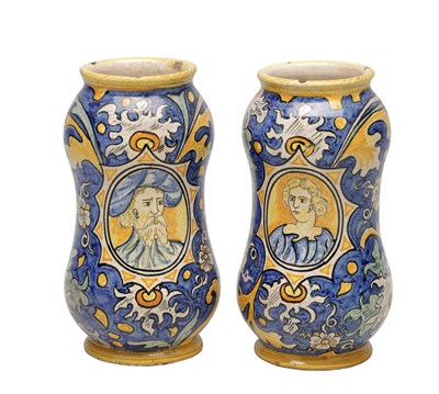 Lot 613 - A PAIR OF 19TH CENTURY MAJOLICA DRUG JARS