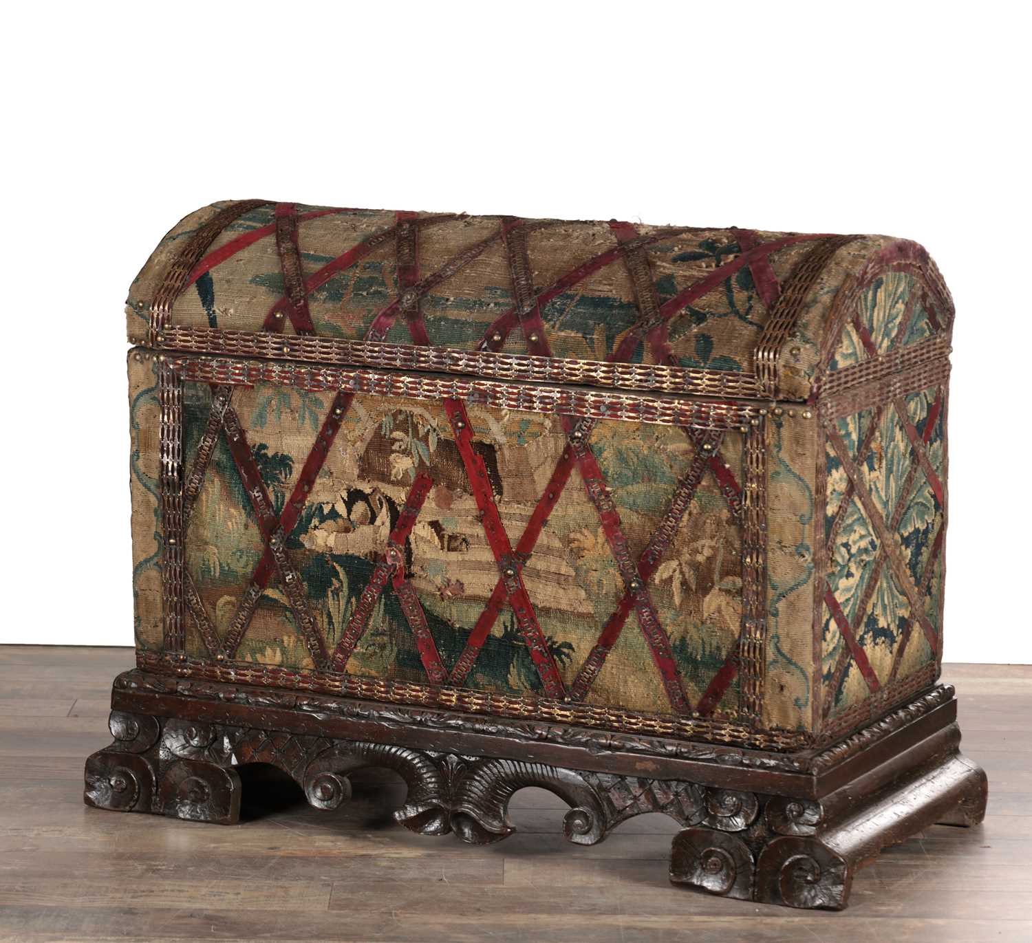 Lot 1526 - A RARE 17TH CENTURY FRENCH VERDURE TAPESTRY DOMED TOP CHEST