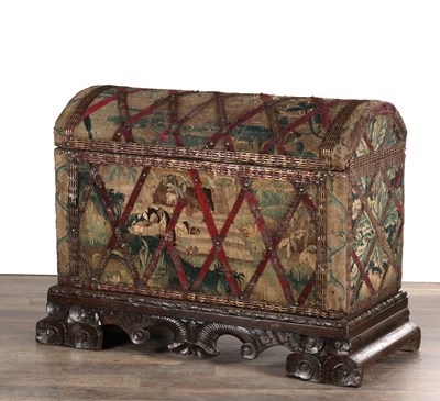 Lot 1526 - A RARE 17TH CENTURY FRENCH VERDURE TAPESTRY DOMED TOP CHEST