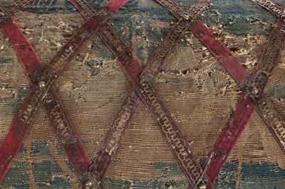 Lot 1526 - A RARE 17TH CENTURY FRENCH VERDURE TAPESTRY DOMED TOP CHEST