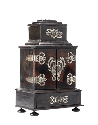 Lot 1384 - AN EARLY 18TH CENTURY EBONISED WOOD AND SILVER MOUNTED JEWELLERY CABINET