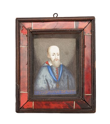 Lot 959 - A 17TH CENTURY WATERCOLOUR POSSIBLY ON VELLUM PORTRAIT OF ST FRANCIS DE SALES IN TORTOISESHELL AND BONE INLAID FRAME