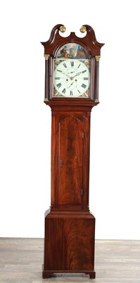 Lot 1196 - WILLIAM PRESTON, LANCASTER, A GEORGE III FIGURED MAHOGANY ROCKING SHIP PAINTED DIAL EIGHT DAY LONGCASE CLOCK