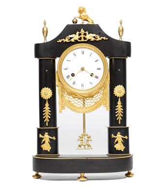 Lot 1234 - MALFROY A MACON, AN EARLY 19TH CENTURY FRENCH ORMOLU MOUNTED MARBLE PORTICO CLOCK